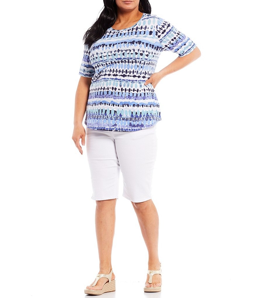 Westbound Plus Size Dot Stripe Short Sleeve Round Neck Cotton Blend Tee