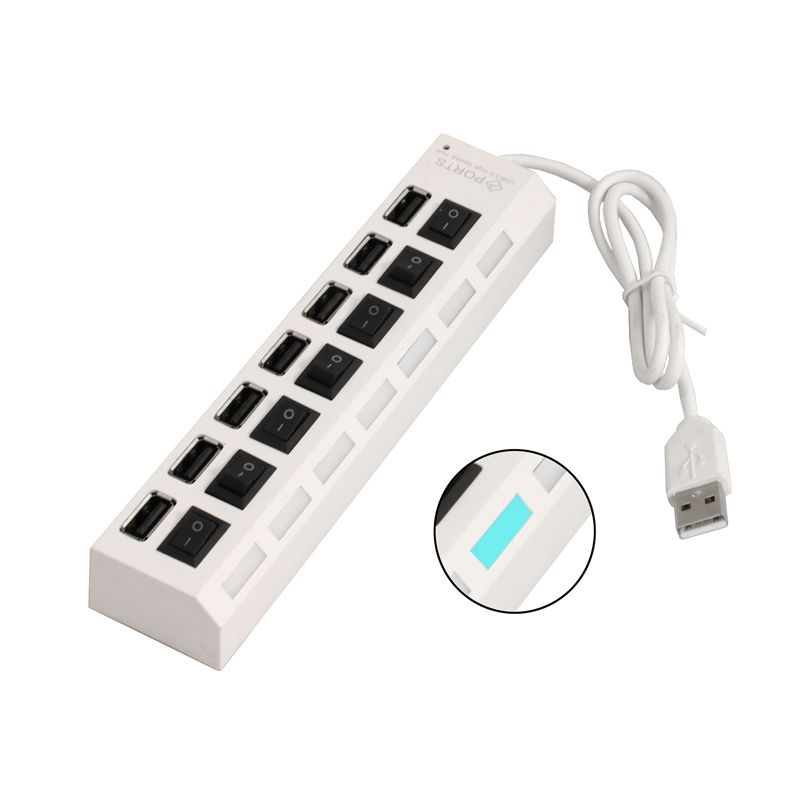 7 Port USB Hub with Power Buttons- White