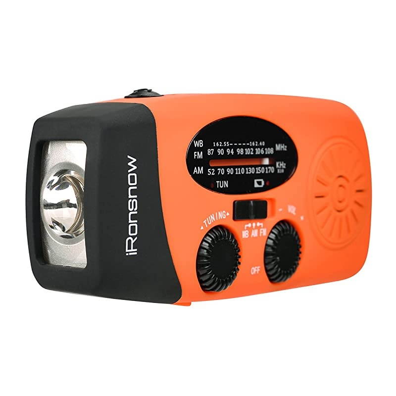 Upgraded Version IS088U+ Dynamo Solar Hand Crank Self Powered AMFMNOAA Weather Radio with LED Flashlight and 1000mAh Emergency Power Bank Orange