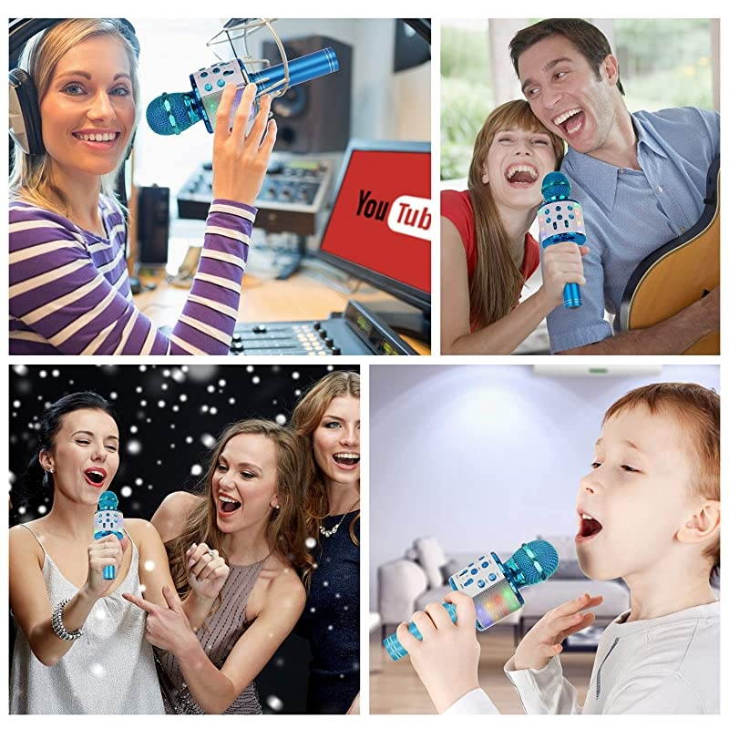 Bluetooth Karaoke Microphone, 5-in-1 Portable Handheld Mic Speaker Player Recorder with Controllable LED Lights, Adjustable Remix FM Radio for Christmas, Birthday, Home Party More (Blue)