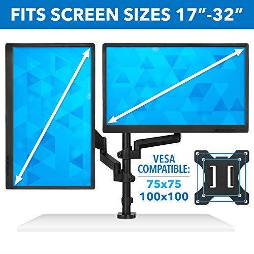 Dual Monitor Arm Mount Desk Stand | 2 Vertical Stackable Arms | Articulng Double Gas Springs Height Adjustable | Two 24 27 29 30 32 Inch VESA 75 100 Compble Screens | Clamp and Grommet