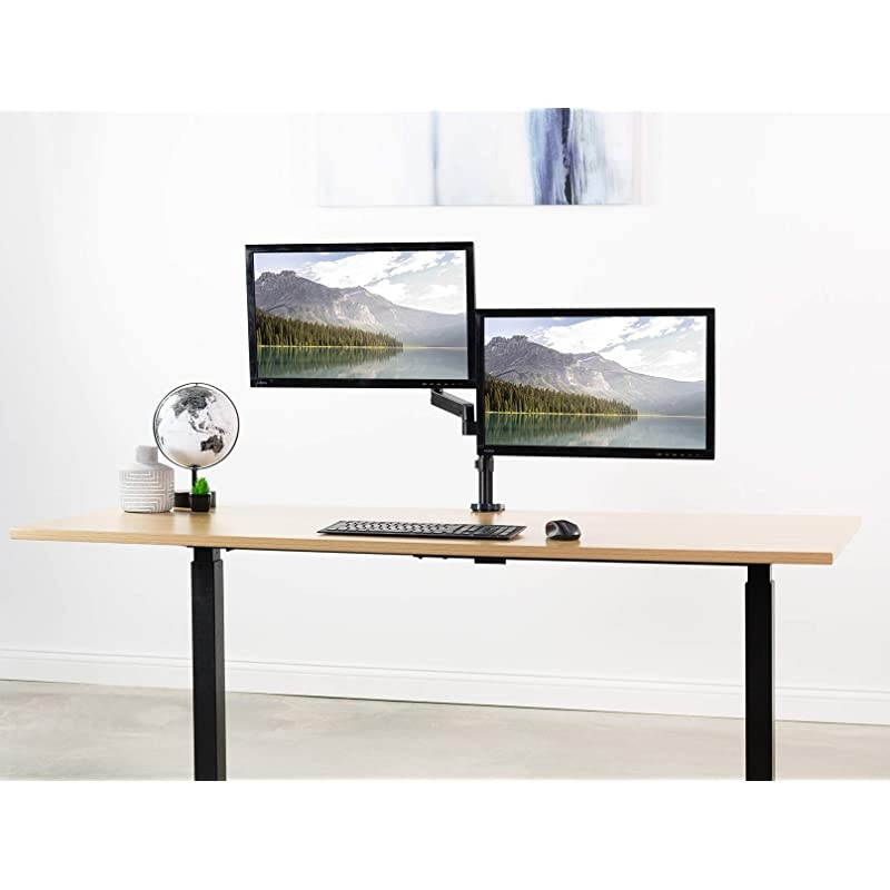 Dual Monitor Arm Mount for 17 to 32 inch Screens - Pneumatic Height Adjustment, Full Articulating Tilt, Swivel, Heavy Duty VESA Stand with Desk C-clamp and Grommet Option STAND-V002K