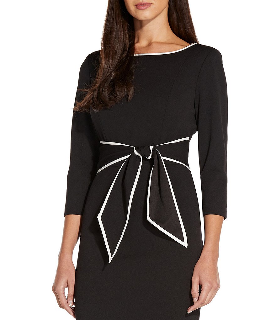 Adrianna Papell Contrast Trim Tie Waist Crepe Midi Dress