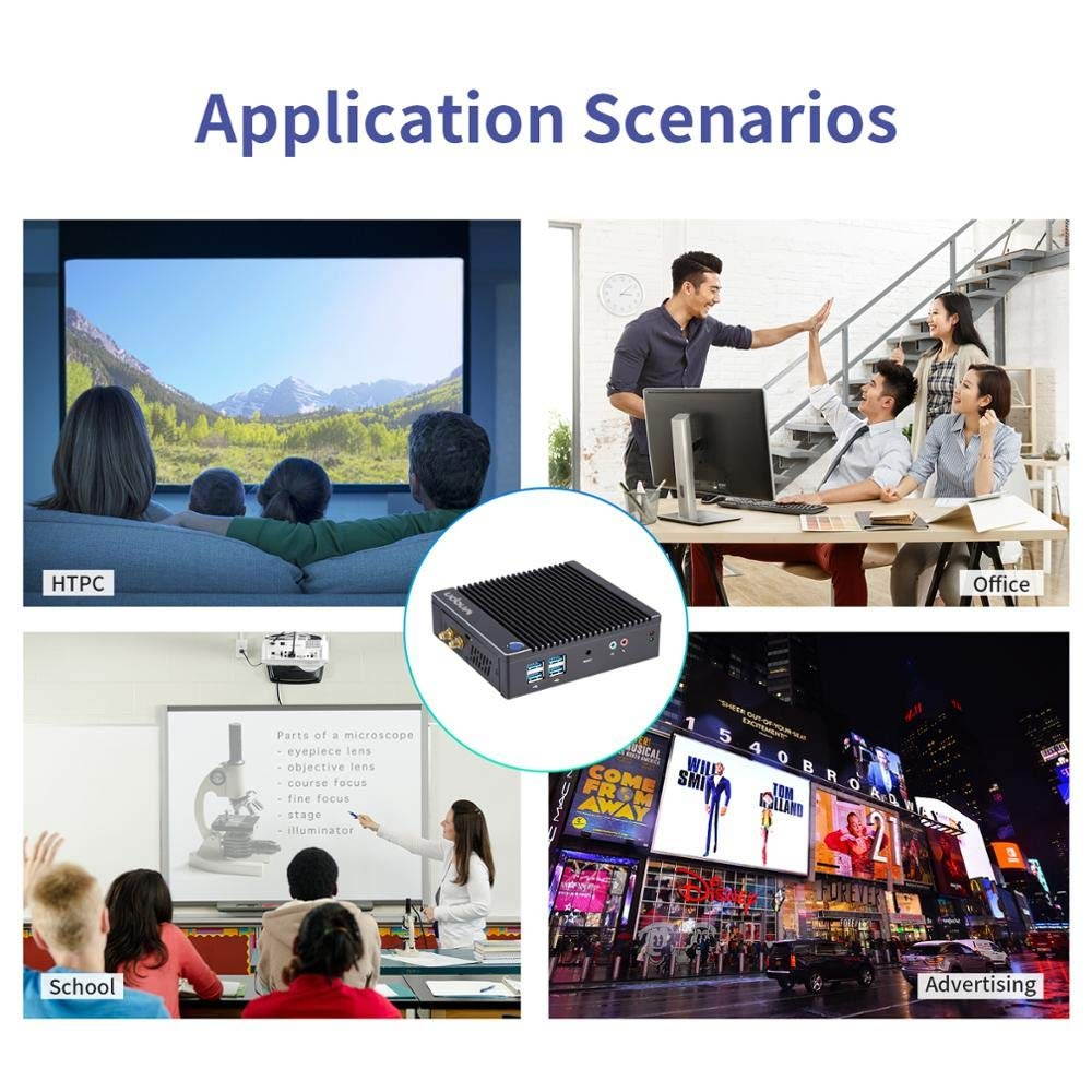 Vnopn Fanless Mini PC Windows 10 Pro, Small Computer Intel N3710 Quad Core, up to 2.56GHz, Micro Desktop PC 4K HD with 4GB RAM 64GB SSD, 2.4G+5G WiFi/4.0 BT/Dual Display/1000M LAN, Auto Power On/WOL