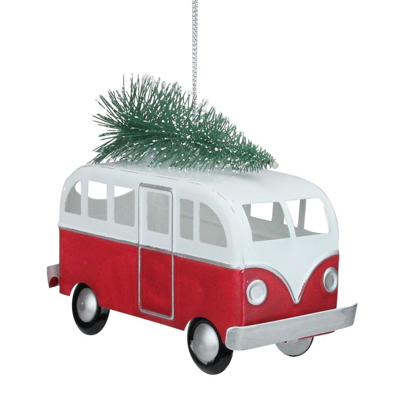 Northlight 4.5" Red and White Retro Style Bus with Christmas Tree Hanging Ornament