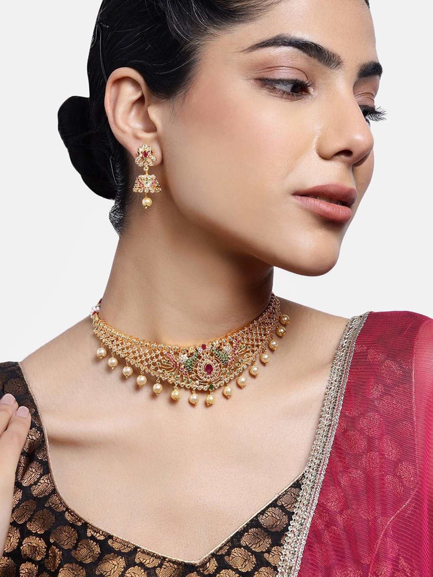 Estele Gold-Plated CZ Peacock Designer Bridal Choker Necklace Set with Pearls for Women