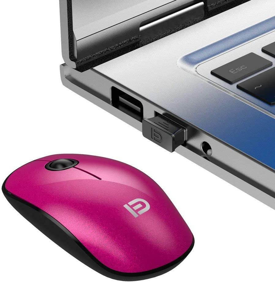 Silent Wireless Mouse FD V8 2.4G Fashion Power Ultrathin Cordless Mouse with Nano Receiver & Battery 1500 DPI Precise Control for Notebook Computer PC Laptop MacBook and Chromebook (Rose Red)