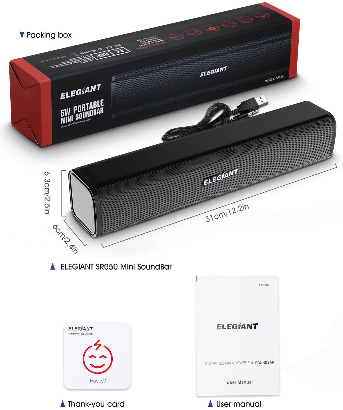 Computer Speakers, ELEGIANT Computer Speakers for Desktop USB Powered 6W PC Speakers with Volume Control Portable Mini Sound bar for Desktop for Desktop, Windows PC, Laptop, SR050 Black