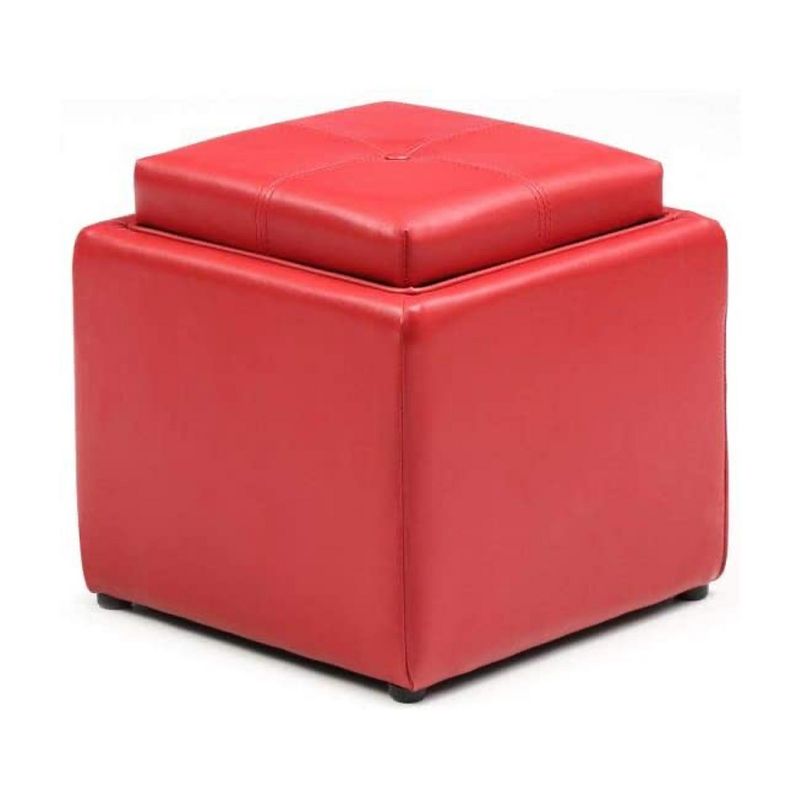 Hodedah 16 Inch Cubed Faux Leather Home Stylish Ottoman with Small Storage for Blankets or Books and Flip Over Serving Table Tray, Red