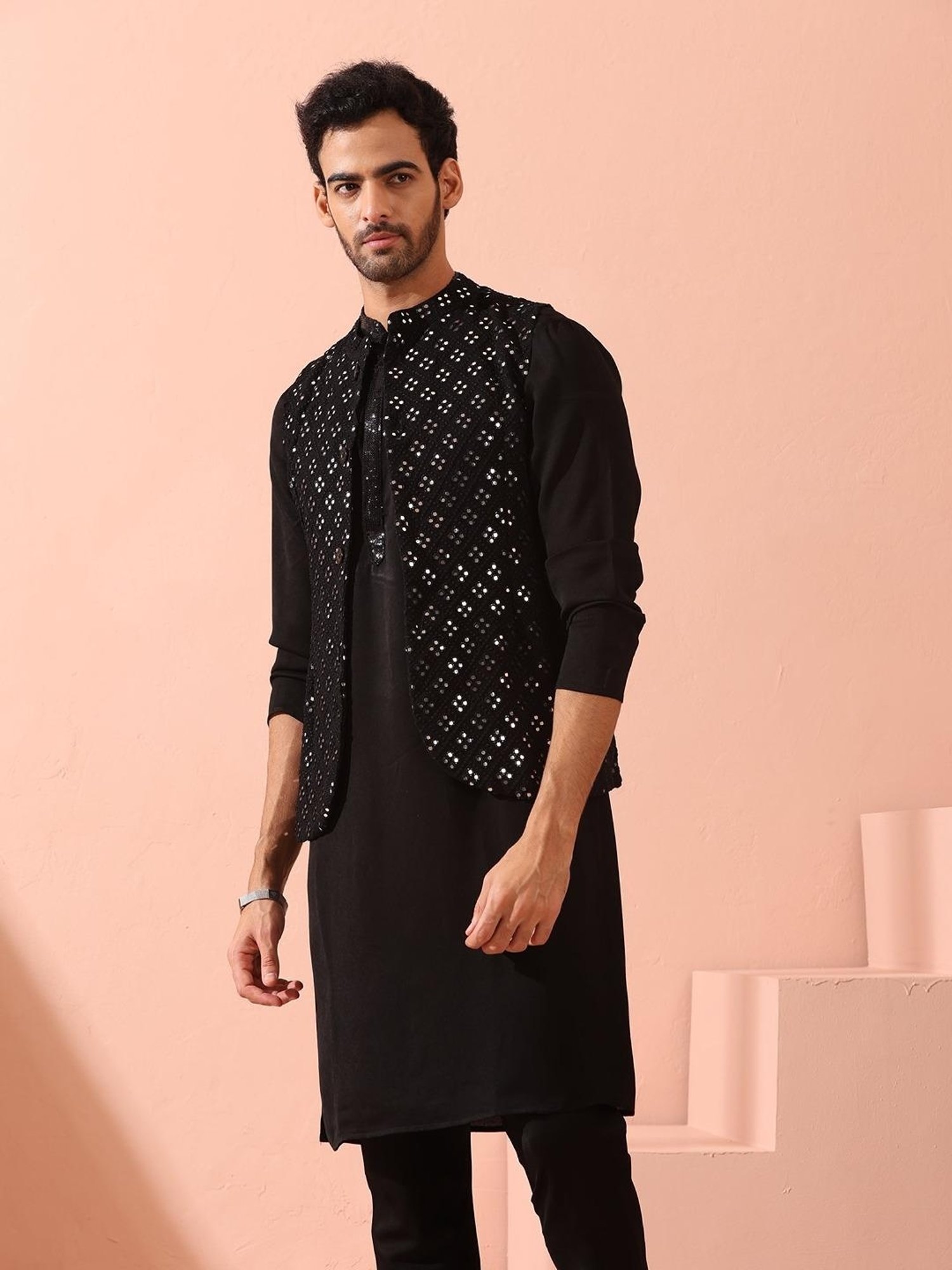 Swtantra Black Regular Fit Embellished Nehru Jacket