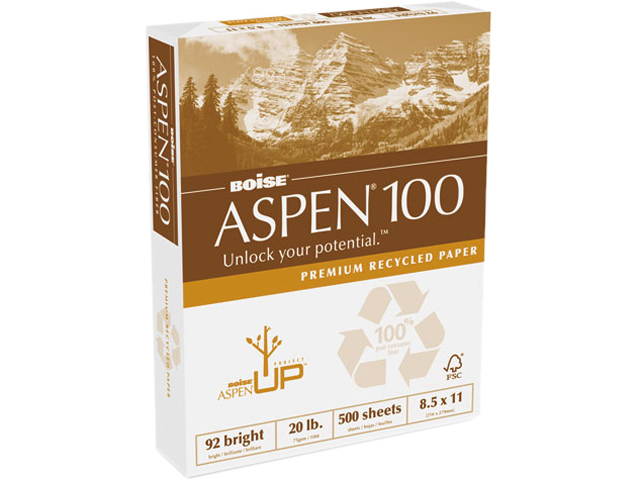 Boise ASPEN 100% Recycled Office Paper, 92 Bright, 20lb, 8-1/2 x 11, White, 5000/Ctn