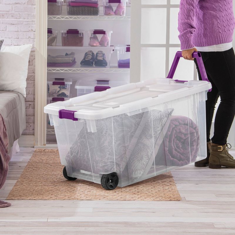 Sterilite 19434303 120 Quart Clear Plastic Storage Container Box and Lid with Blue Latches and Wheels (3 Pack)