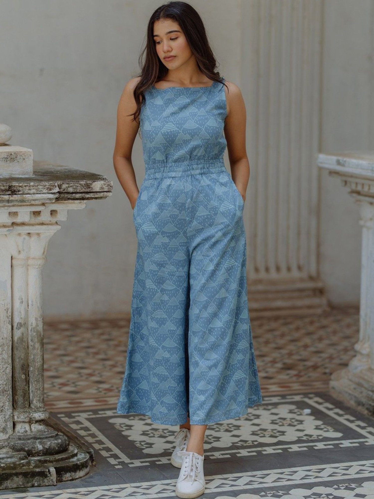 Okhai Misty Blue Pure Cotton Printed Jumpsuit