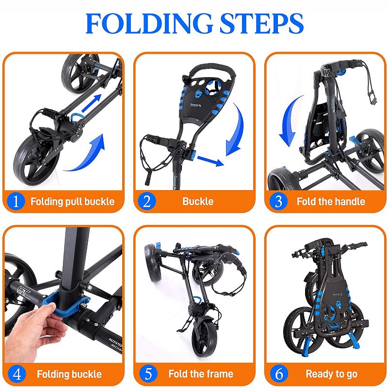SereneLife 3 Wheel Folding Walking Golf Bag Push Pull Cart Holder with Elastic Strap, Top and Bottom Brackets, Scorecard and Umbrella Holder, Black