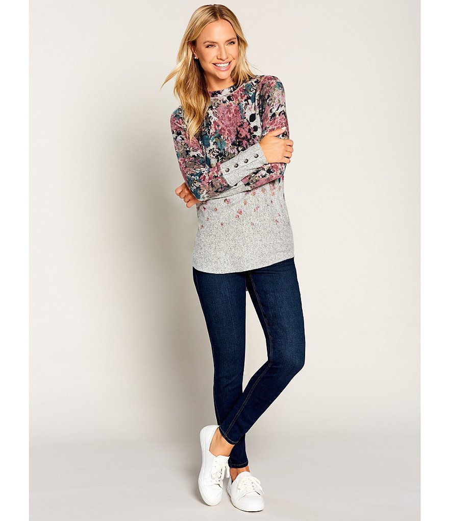 Westbound Petite Size Floral Placement Long Dolman Sleeve Button Cuff Crew Neck Top