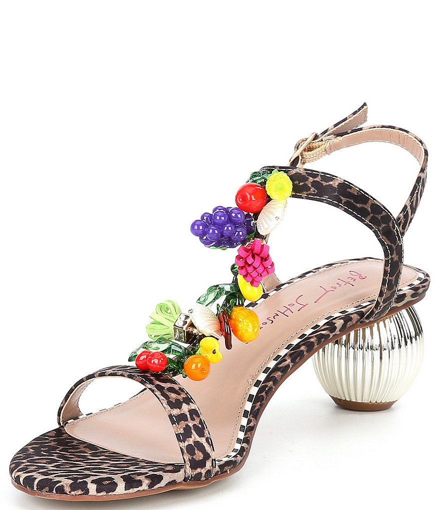 Betsey Johnson Theaa Leopard Print Fruit Embellished Sculptural Heel Sandals