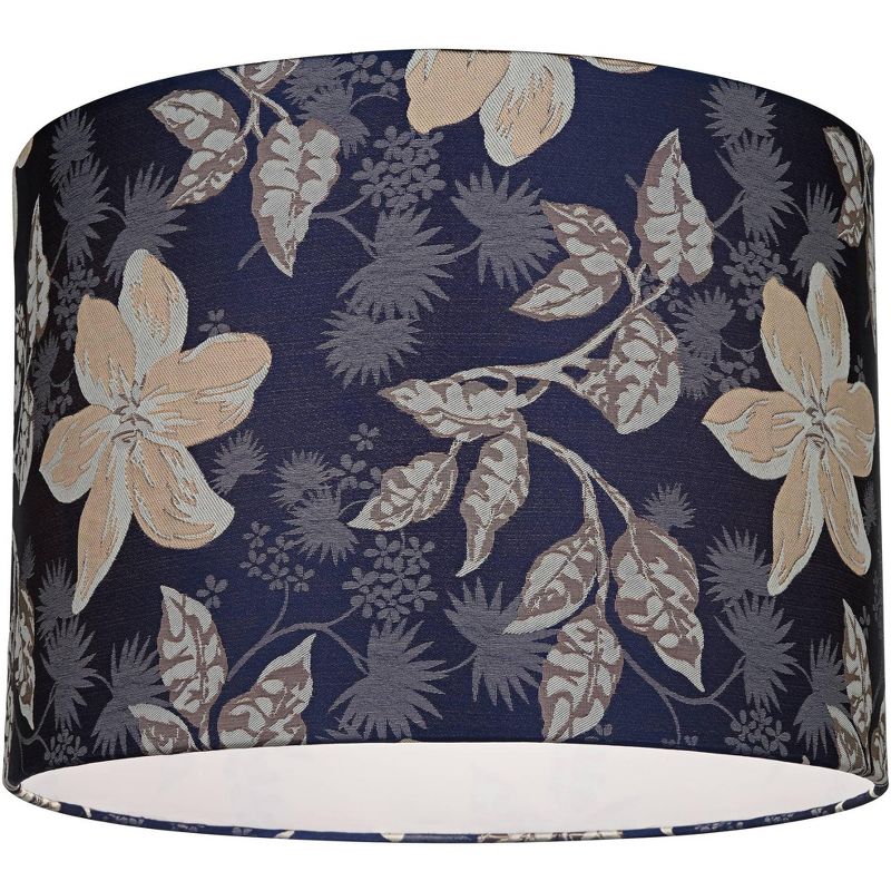 Springcrest Blue Leaves Print Medium Drum Lamp Shade 15" Top x 15" Bottom x 11" High (Spider) Replacement with Harp and Finial