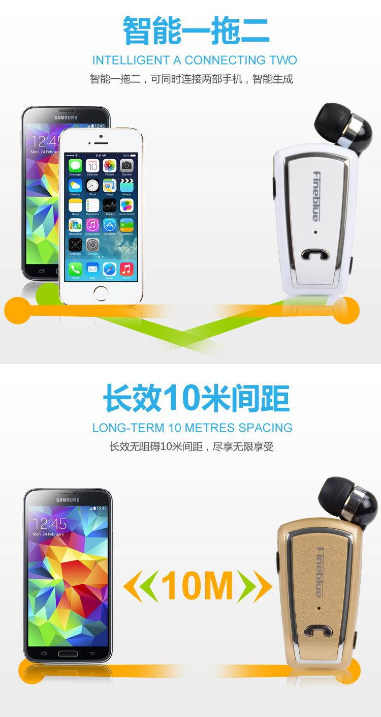 F-V3 Bluetooth Wireless Headset Stereo Sport Retractable Earphone With Clip for iPhone Samsung - Gold