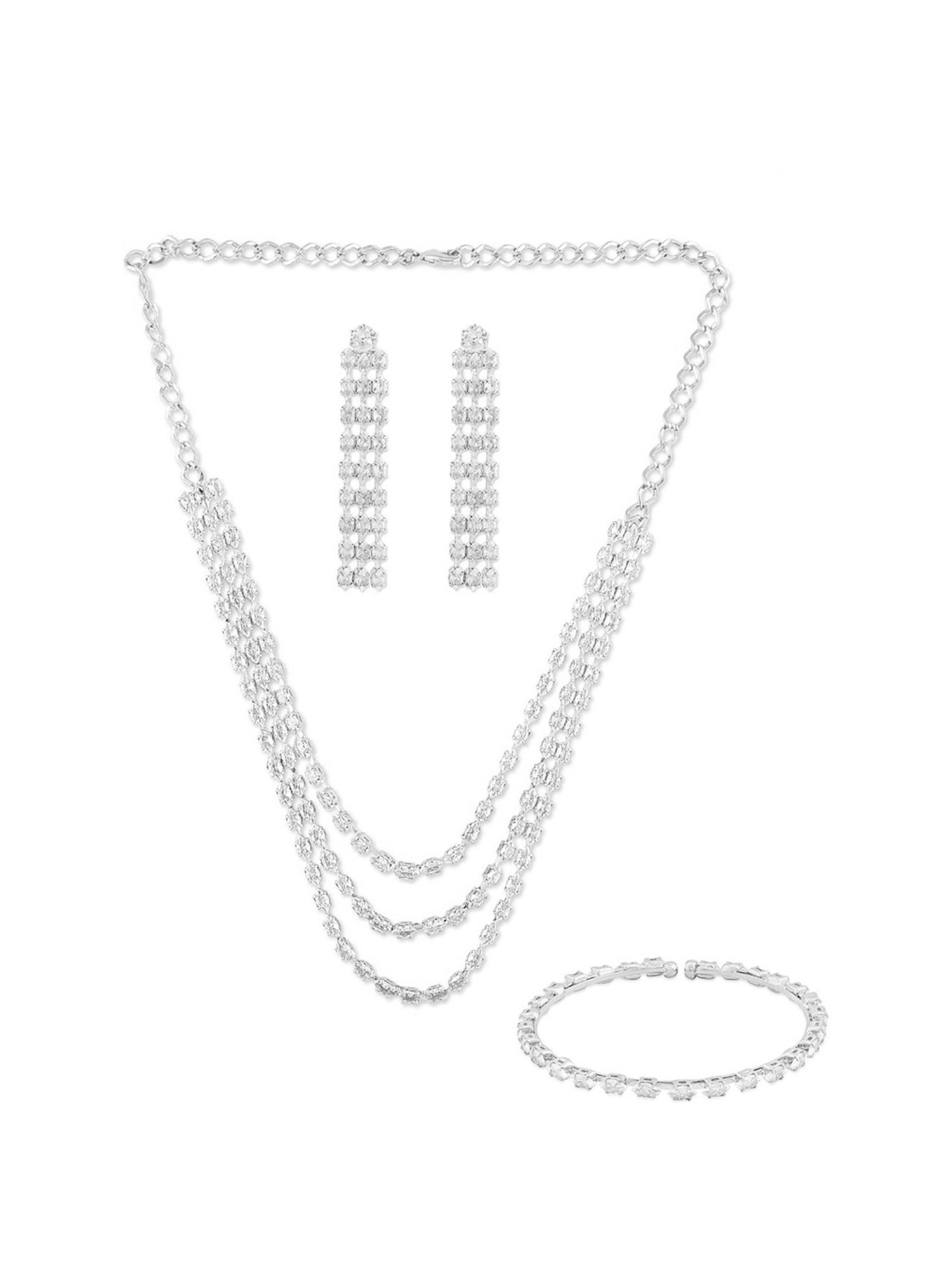Zaveri Pearls Silver Tone Marquise Cubic Zirconia Layered Necklace, Earring & Bracelet Set