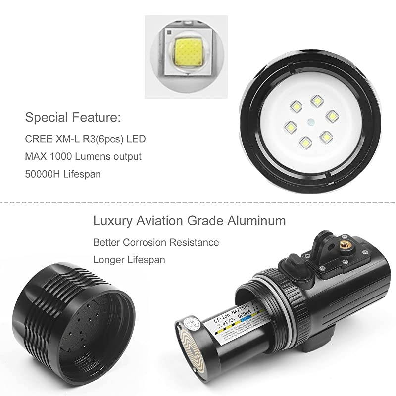 900LM Scuba Diving Light for GoPro HERO7 Black/HERO6/HERO2018/HERO5 Black - Built-in Waterproof Case,Rechargeable Battery,Red Filter and Shutter Trigger