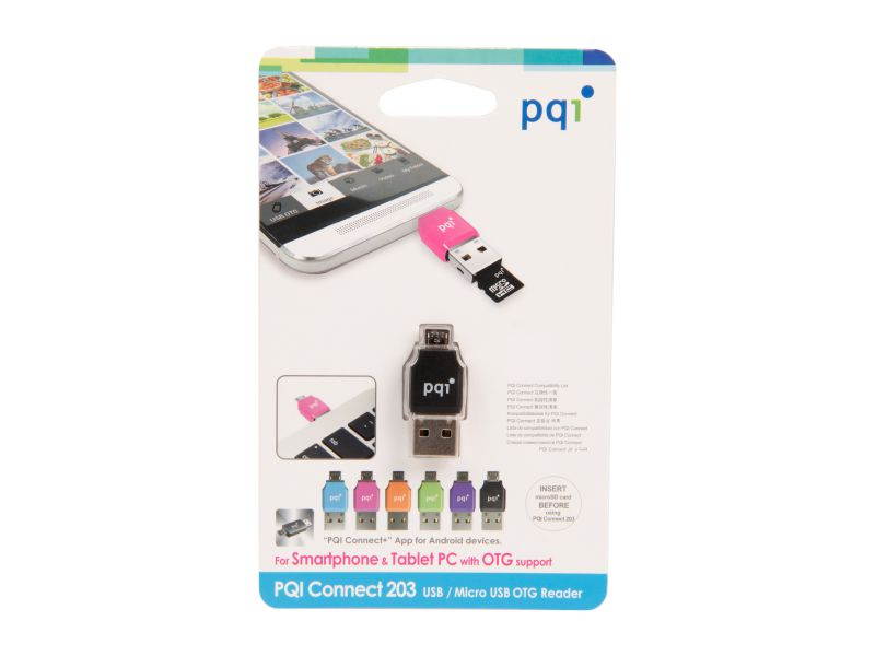 PQI RF01-0016R014J Connect 203, OTG USB Drive, Micro SD Card Reader, Black