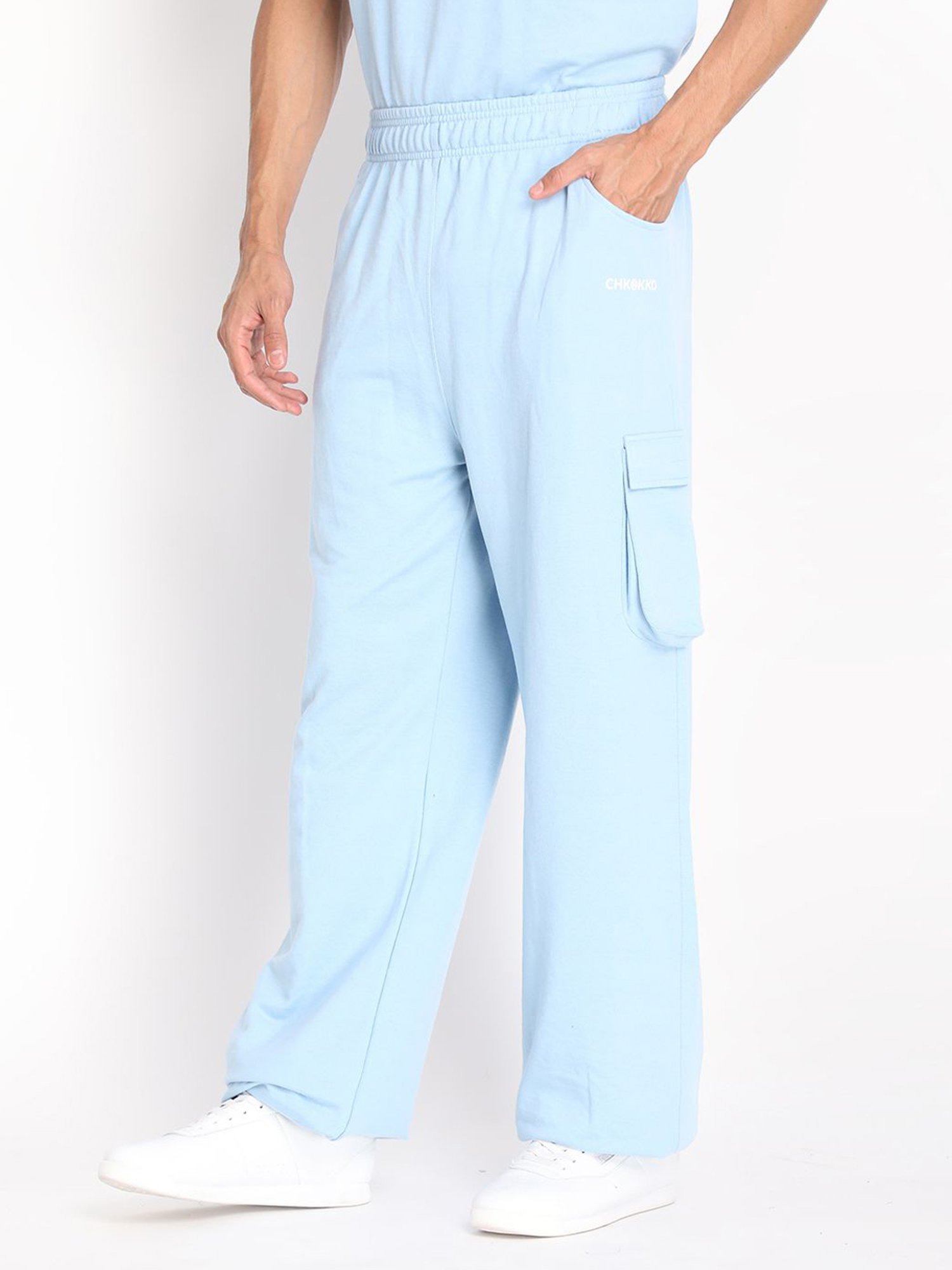 Chkokko Sky Blue Cotton Relaxed Fit Track Pants