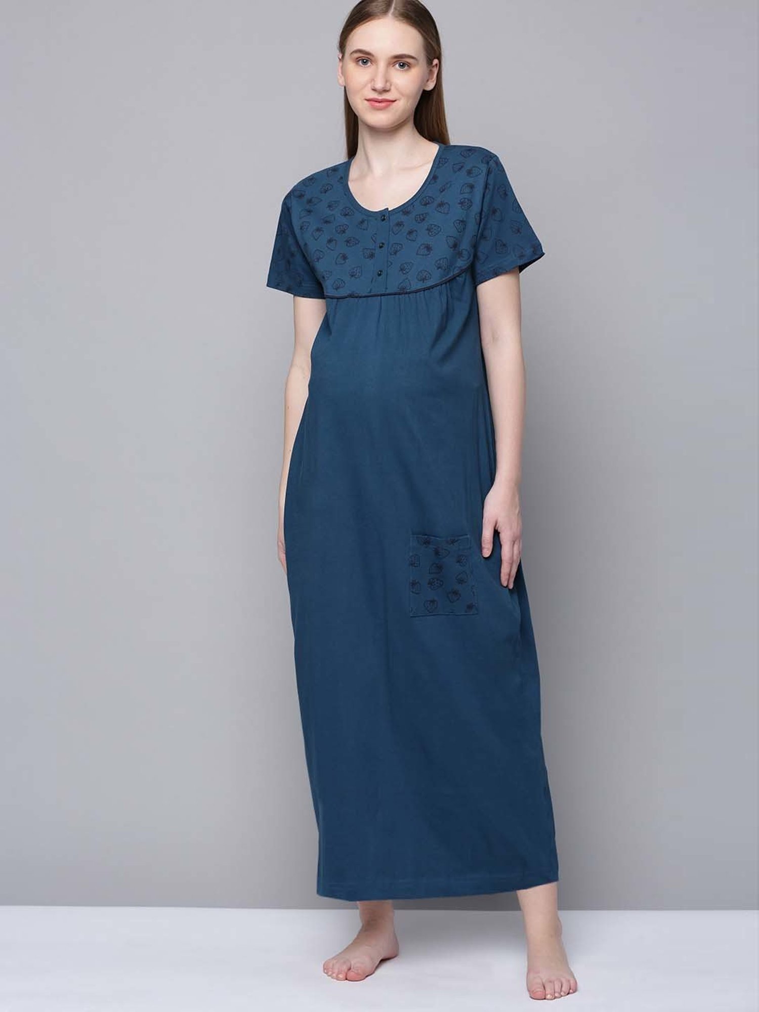 Kryptic Blue Cotton Printed Maternity Nightdress