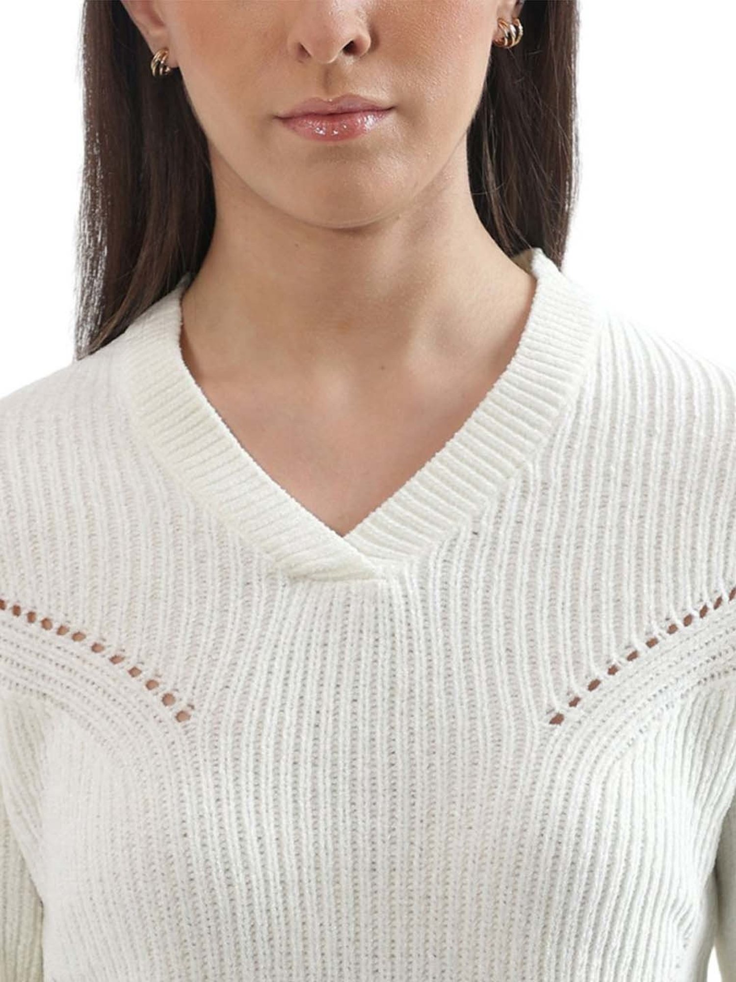 Elle White Self Pattern Sweater