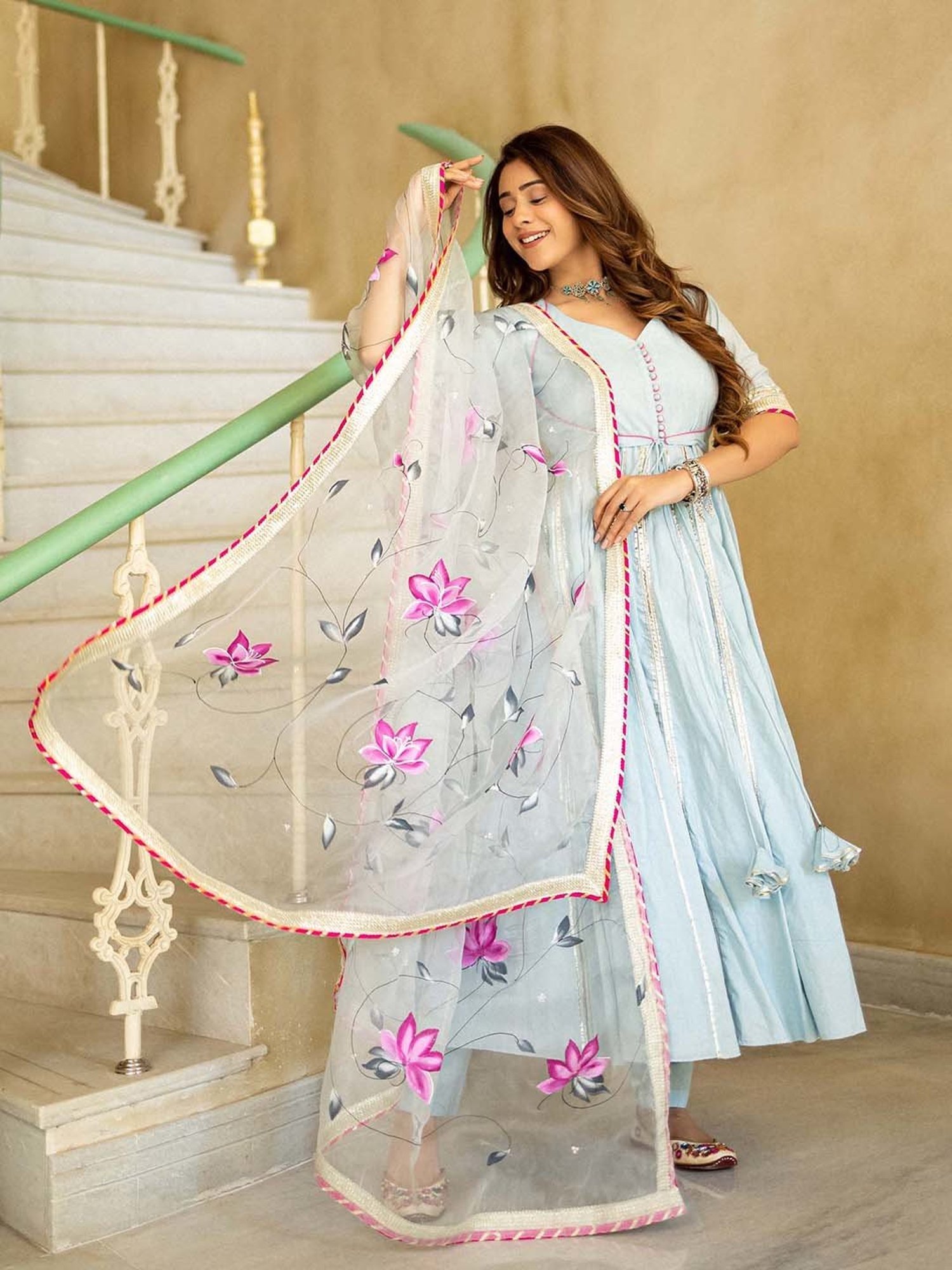 AACHHO Blue Ragini Hand Painted Suit Set