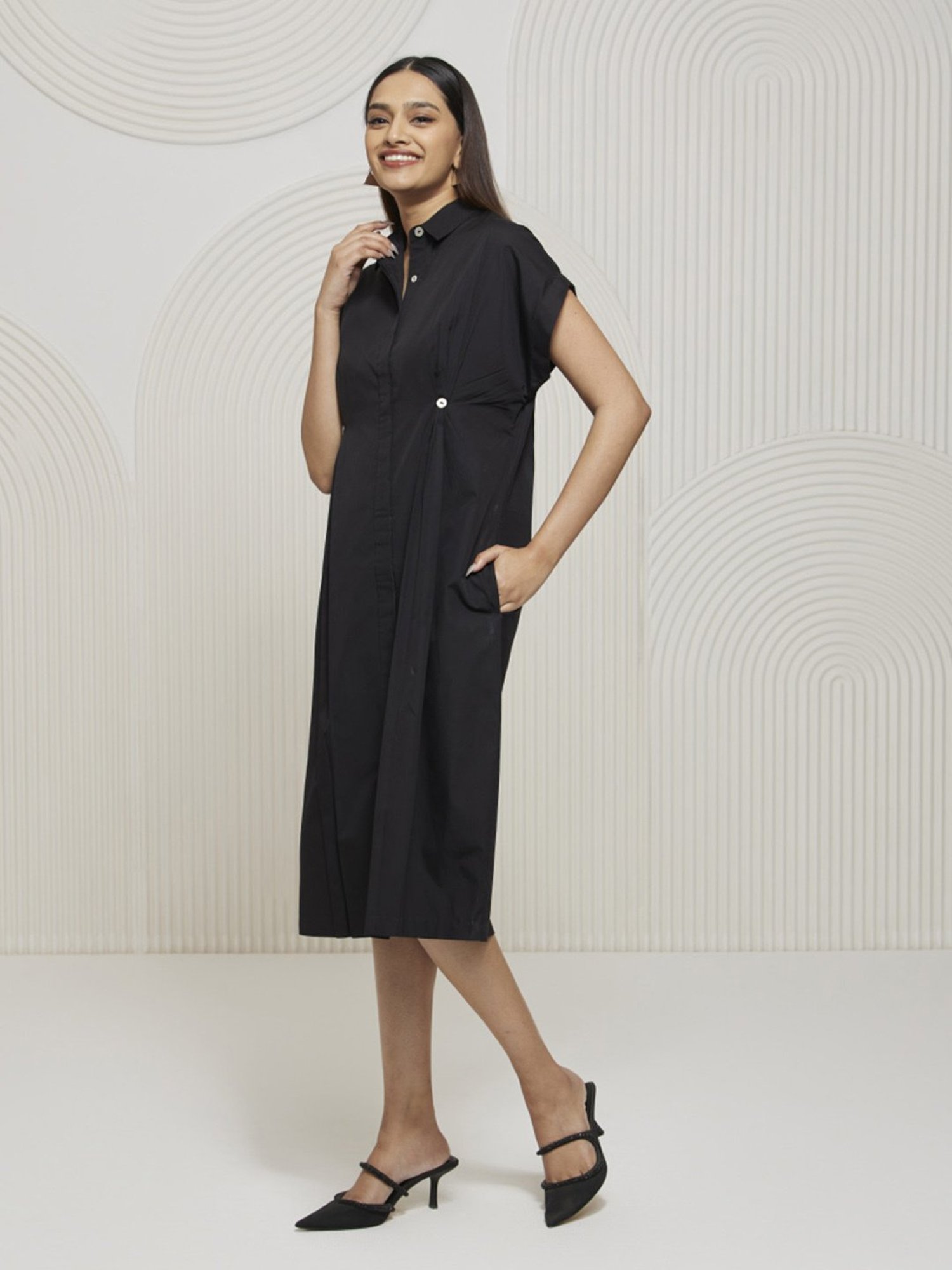 Artagai Black Pleated Shirt Dress with Concealed Placket