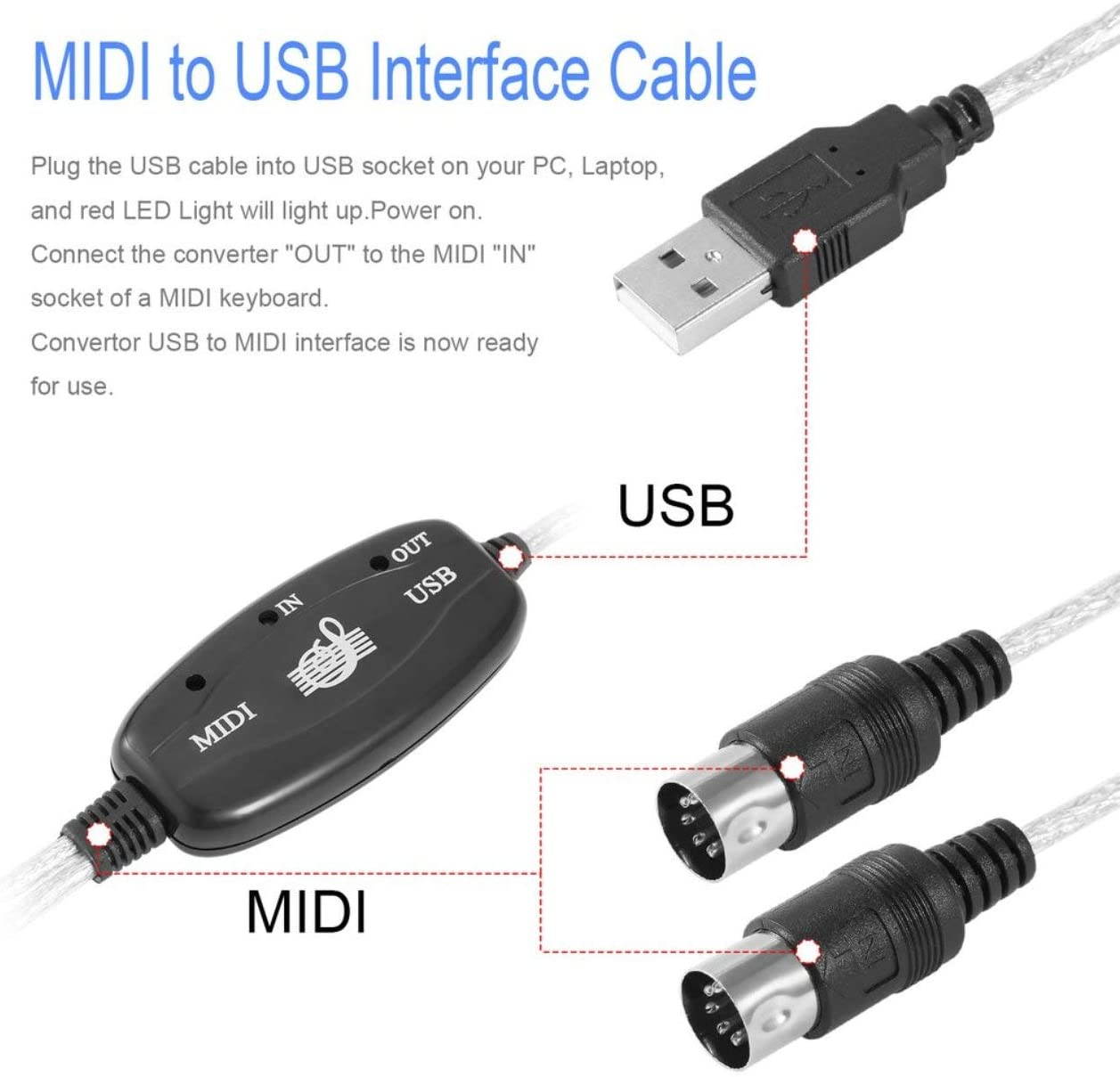 MIDI to USB IN-OUT Interface Cable Adapter for Keyboard Electronic Drum Music Create Converter PC to Music Keyboard Cord