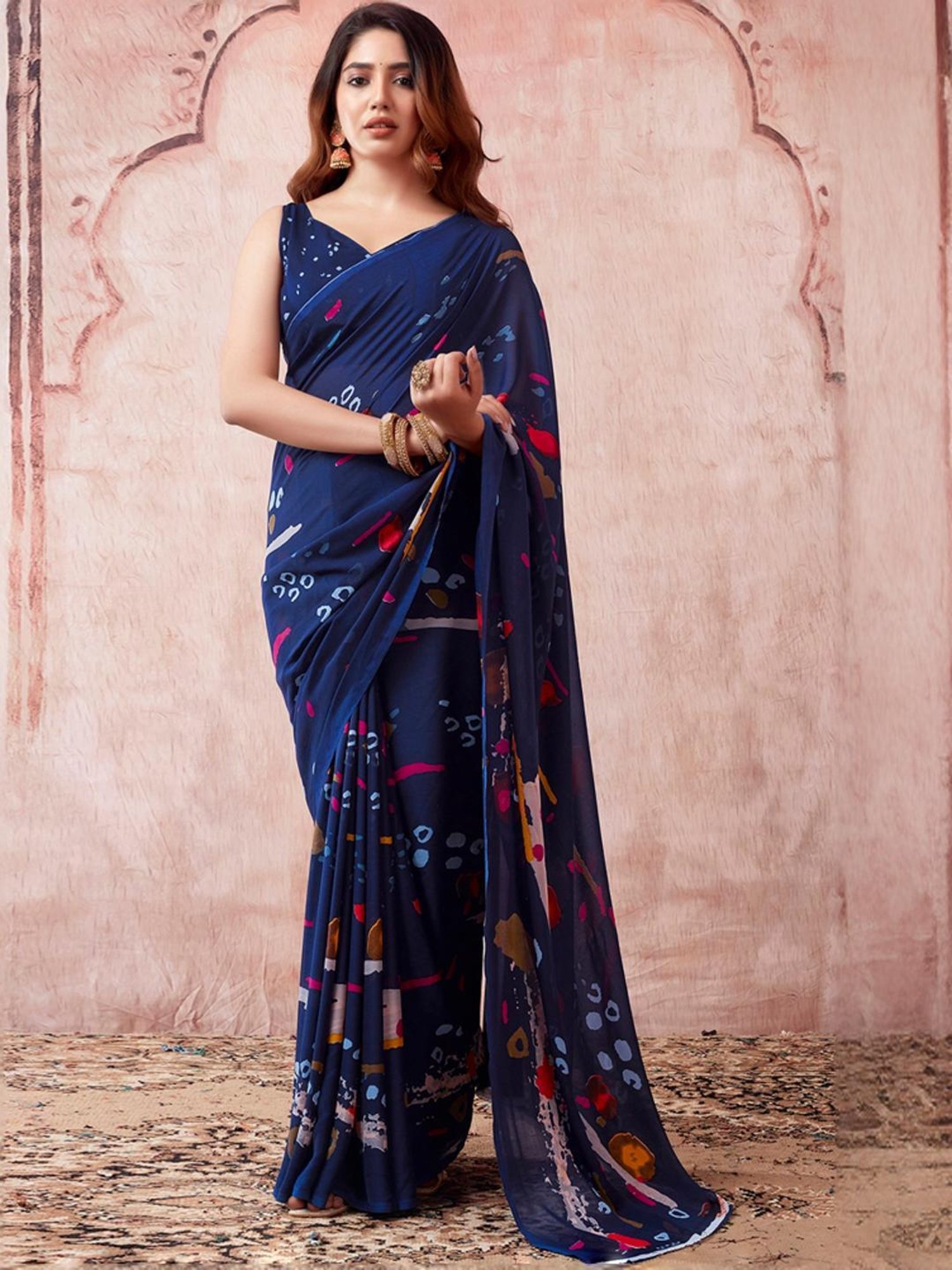 Satrani Navy Geometric Print Saree With Unstitched Blouse