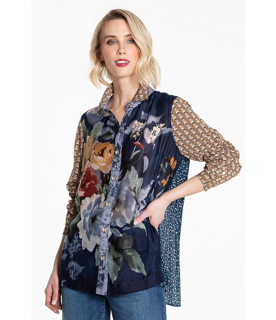 John Mark Mixed Media Floral Front Pleat Back Point Collar Long Cuffed Sleeve Crepe Tunic