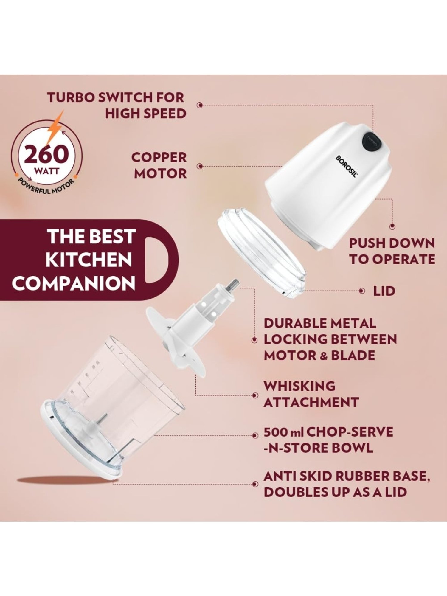 Borosil Chef Delite&iquest;Electric Chopper 260W with Stainless Steel Blades (White)