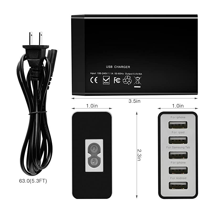 Port USB Wall Charger 40W 8A, 5 Port Desktop USB Charging Station for ple Devices, Travel Portable USB Charger for Cell Phone, Tablet