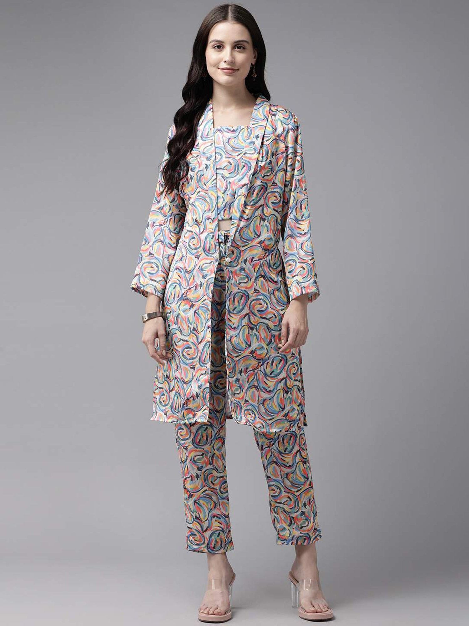 Aarika Multicolored Printed Crop Top Pant Set With Jacket