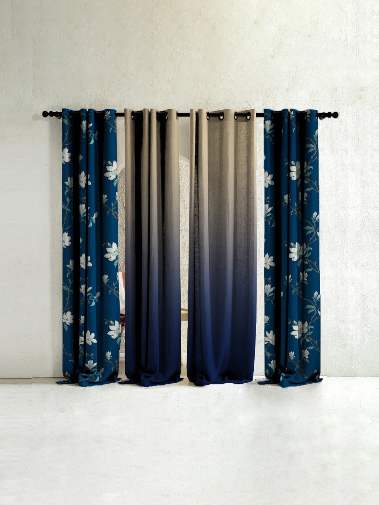 SPACES DRAPE STORY Elegant Floral Blue & Beige Polyester 7 ft Door Curtains - Set of 4