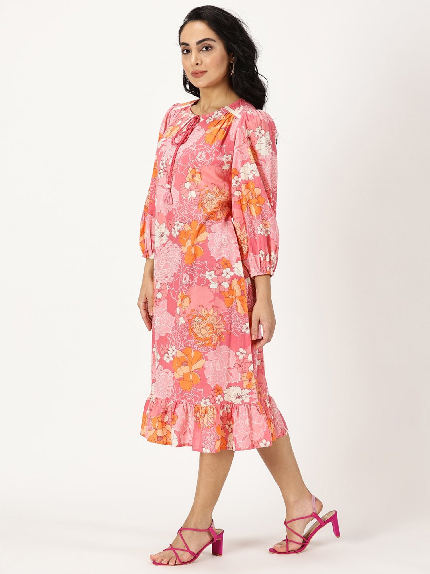 Saffron Threads Pink Cotton Floral Print Ethnic Dress