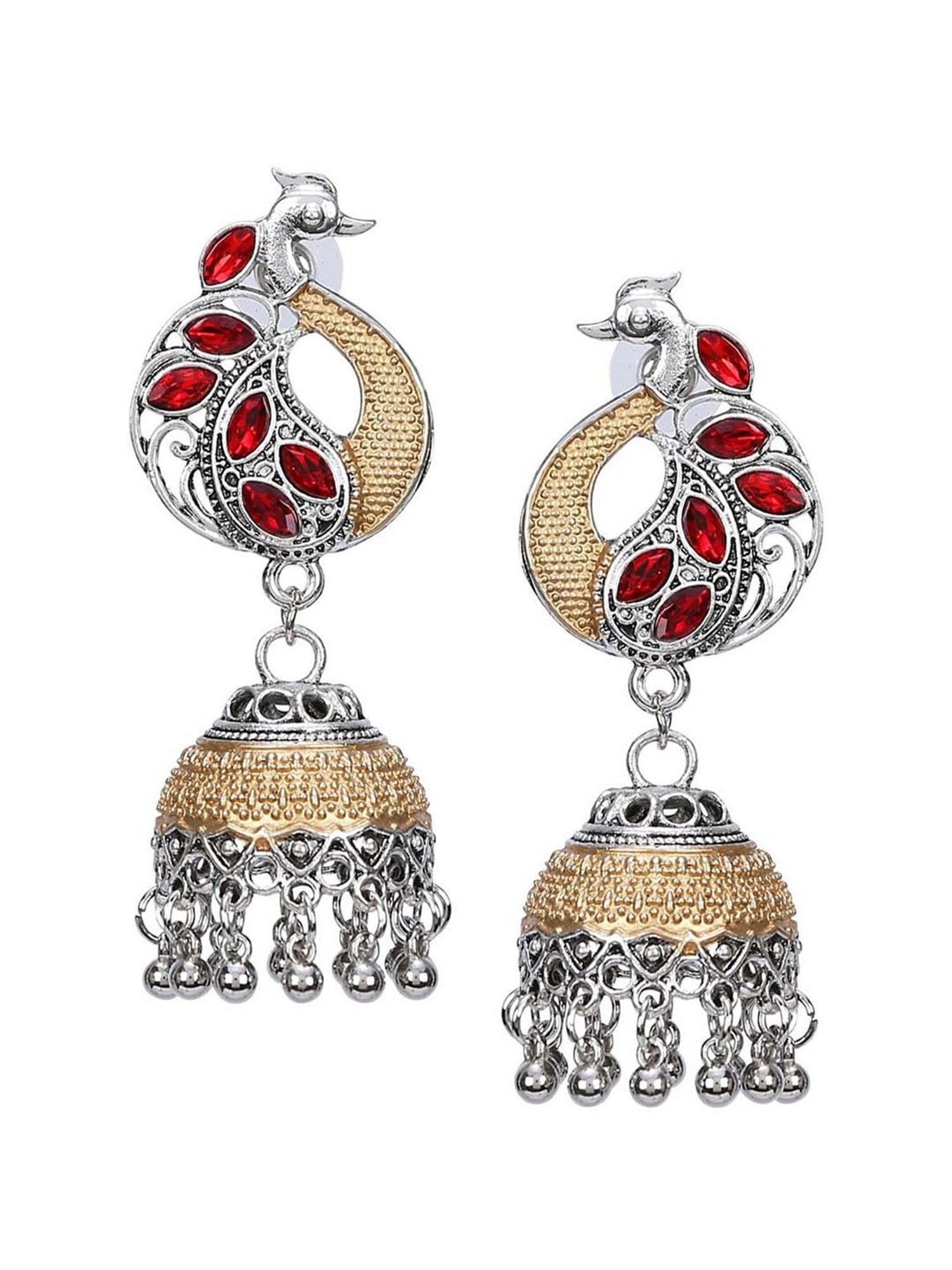 YouBella Peacock Design Celebrity Inspired Pearl Long Silver Golden & Red Jhumki Earrings for Women