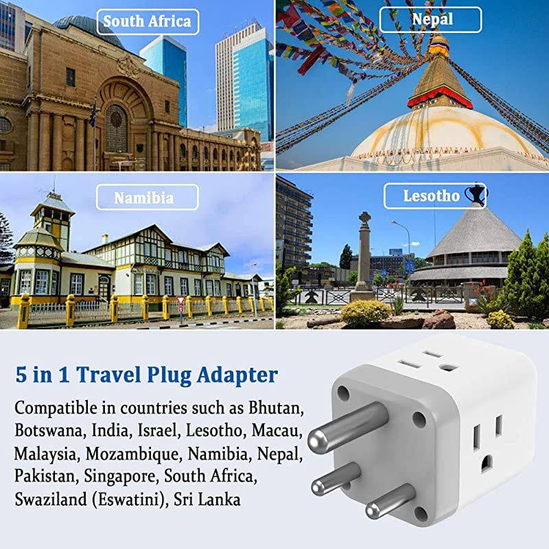 South Africa Power Adapter  5 in 1 Botswana Travel Adapter Plug with 3 US Power Outlets and 2 USB Charging Ports US to South Africa Botswana Zimbabwe Plug Adapter Safe Grounded Type M Plug