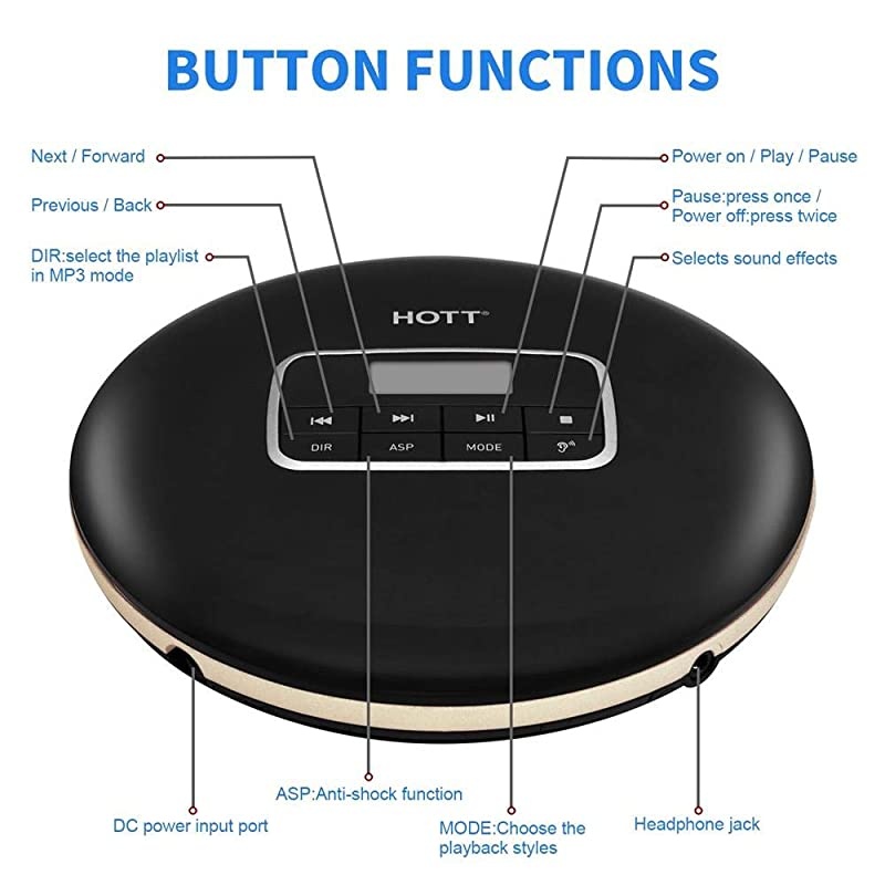 Portable CD Player HOTT Walkman CD Player LCD Display Anti-Skip Protection Shockproof Function Only Support 5 Formats CD CD-R CD-RW MP3 CD-DA WMA Audio Files Silver