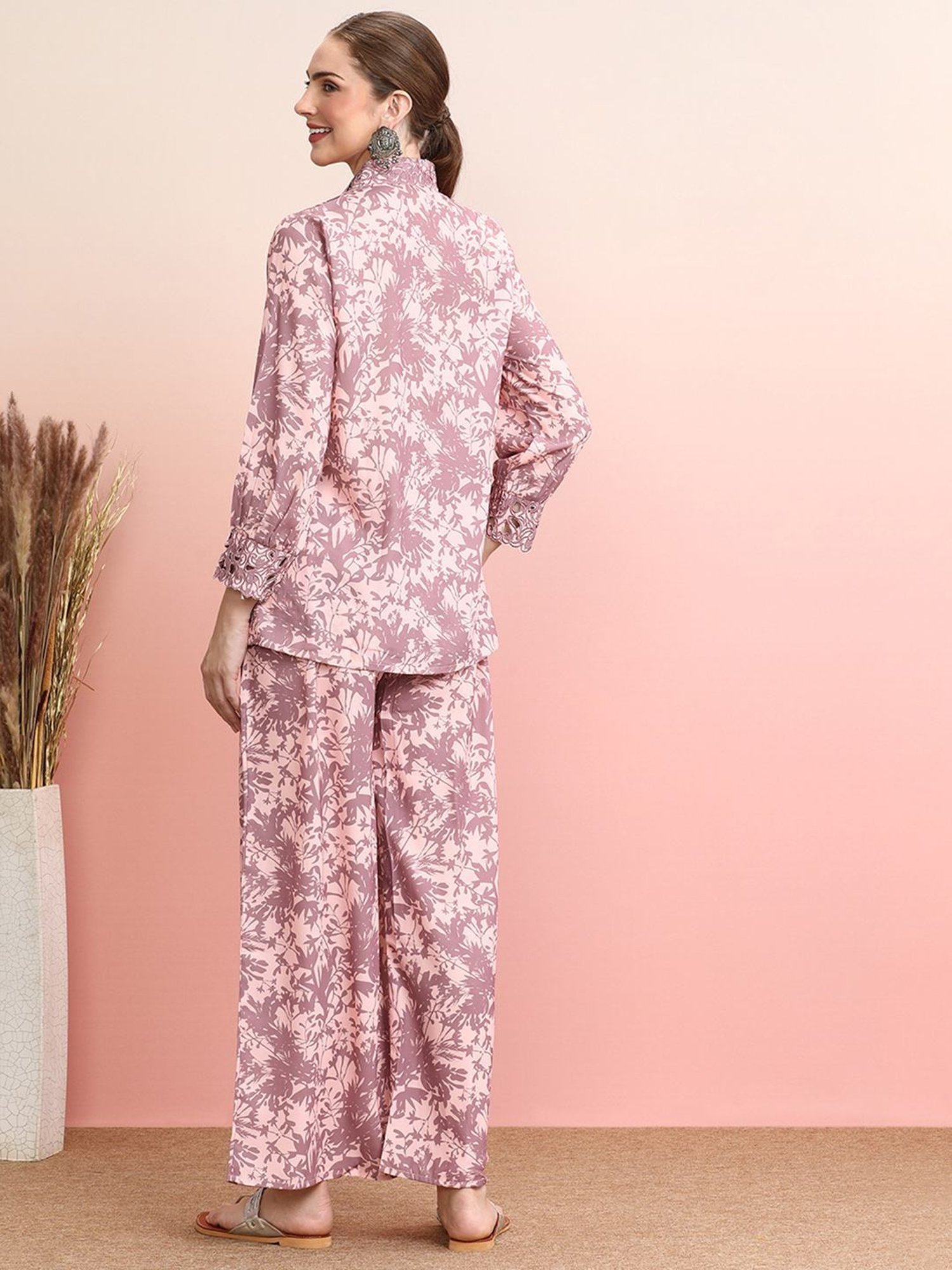 Indo Era Purple Floral Print Shirt Palazzo Set