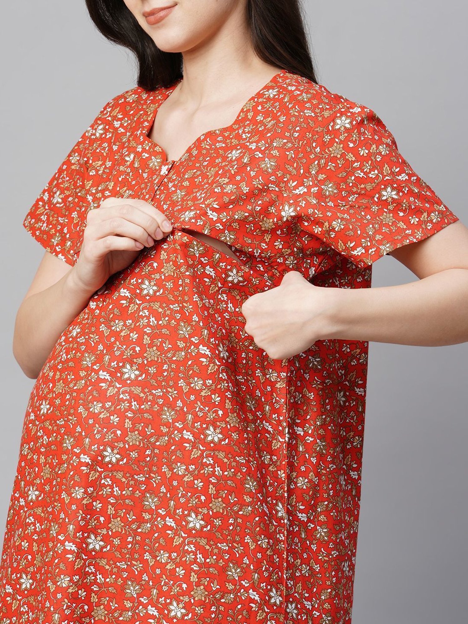MomToBe Rust Cotton Printed Feeding Nighty
