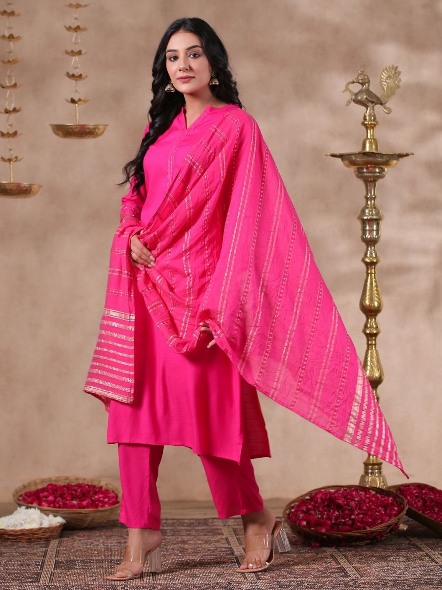 Anubhutee Pink Cotton Kurta Pant Set With Dupatta