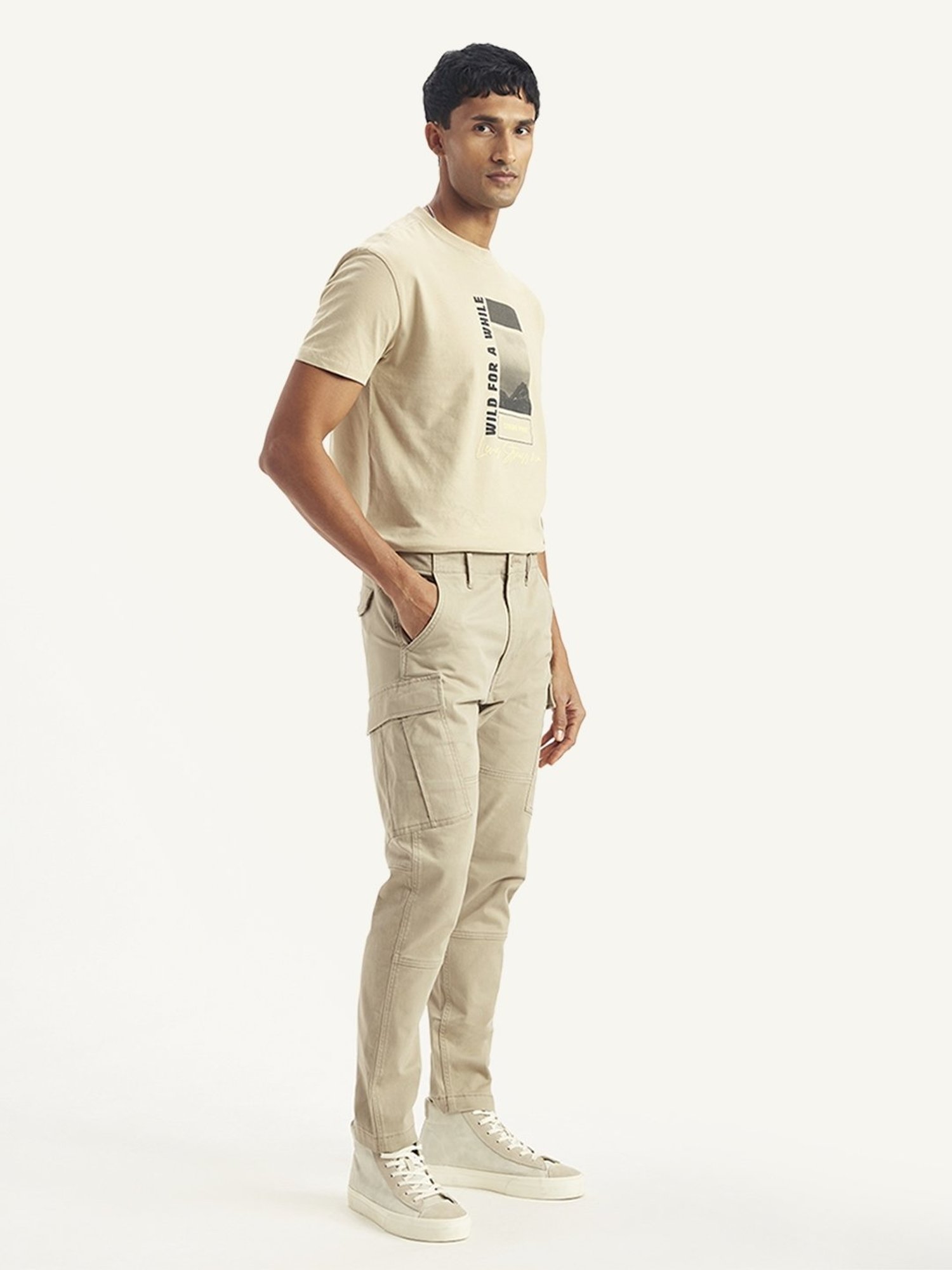Slowave Beige Regular Fit Flat Front Trousers
