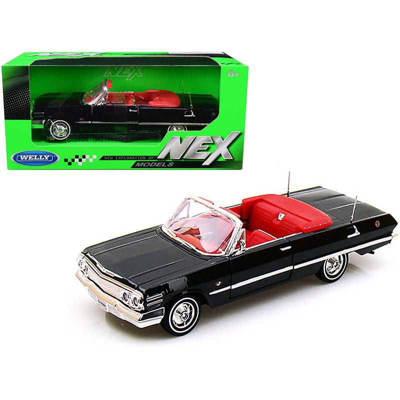 1963 Chevrolet Impala Convertible Black with Red Interior 1/24 Diecast Model Car by Welly