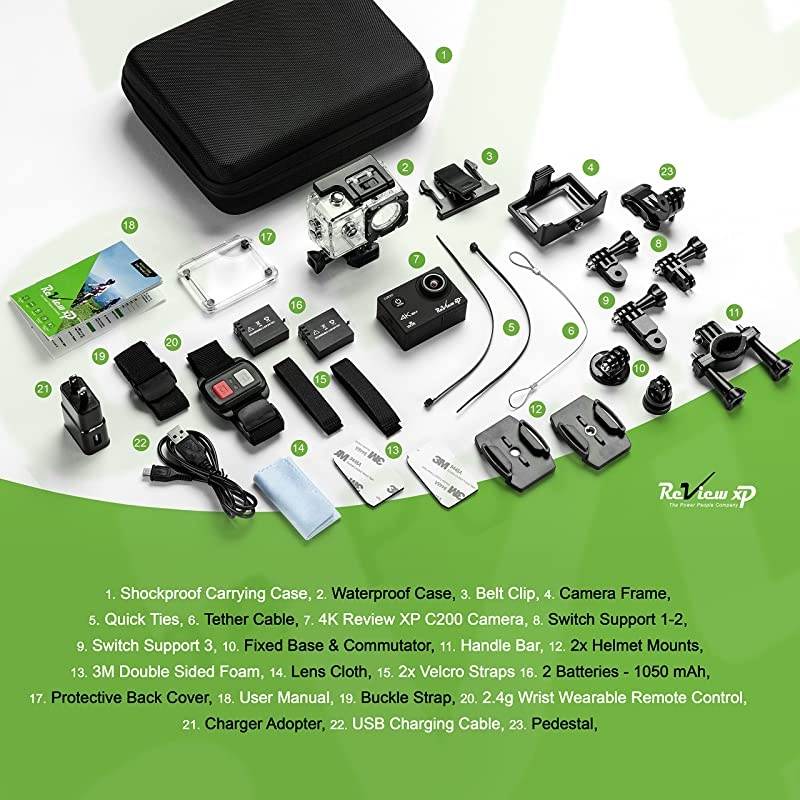 C500 4K Action Camera 14MP HD Wi-Fi Waterproof 30fps Sports Video Underwater Camcorder 170&deg; Angle Dual Screen 2 Batteries Accessories Kit Carrying Case Remote Control - Black