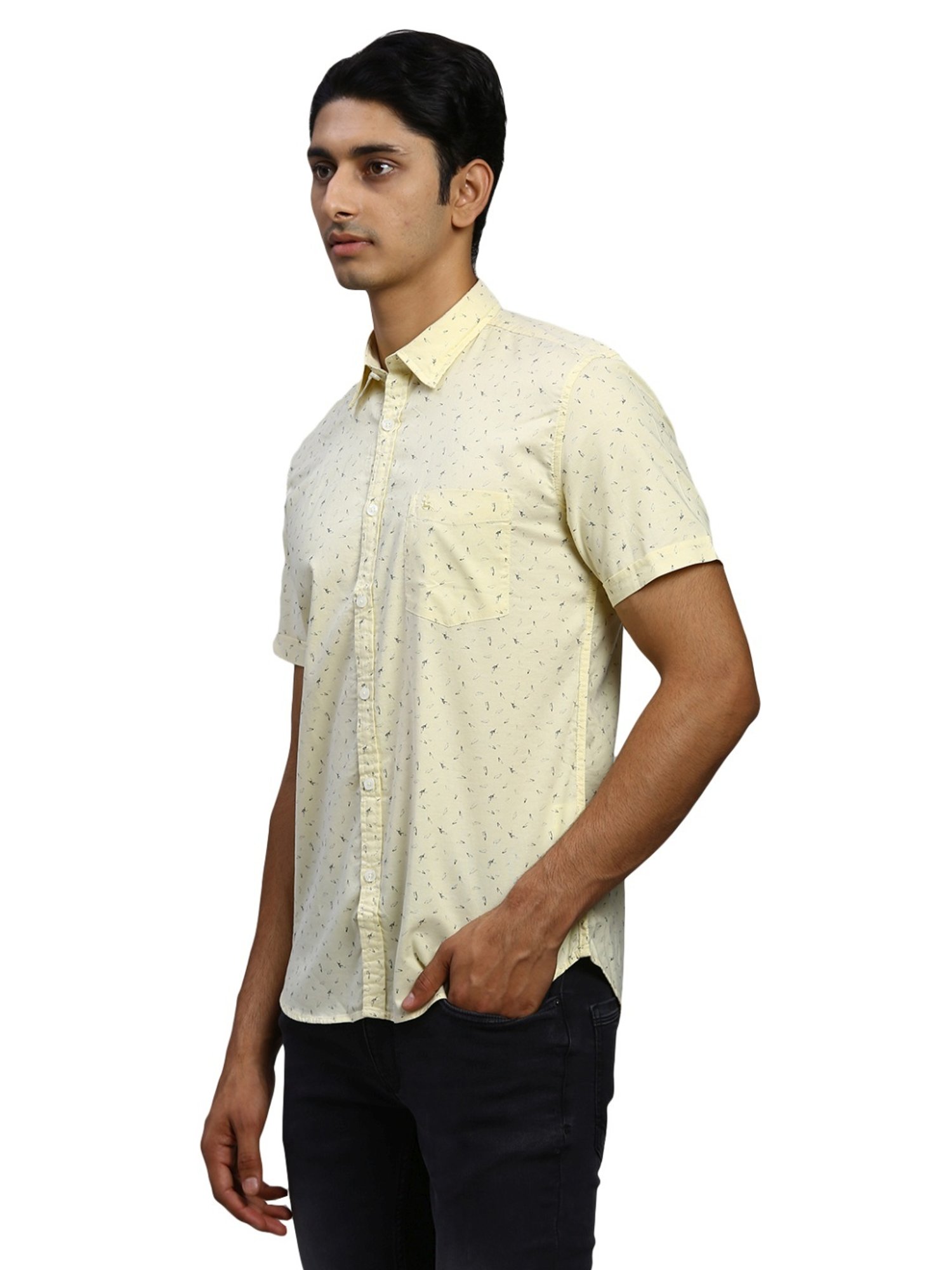 Parx Yellow Cotton Slim Fit Printed Shirt