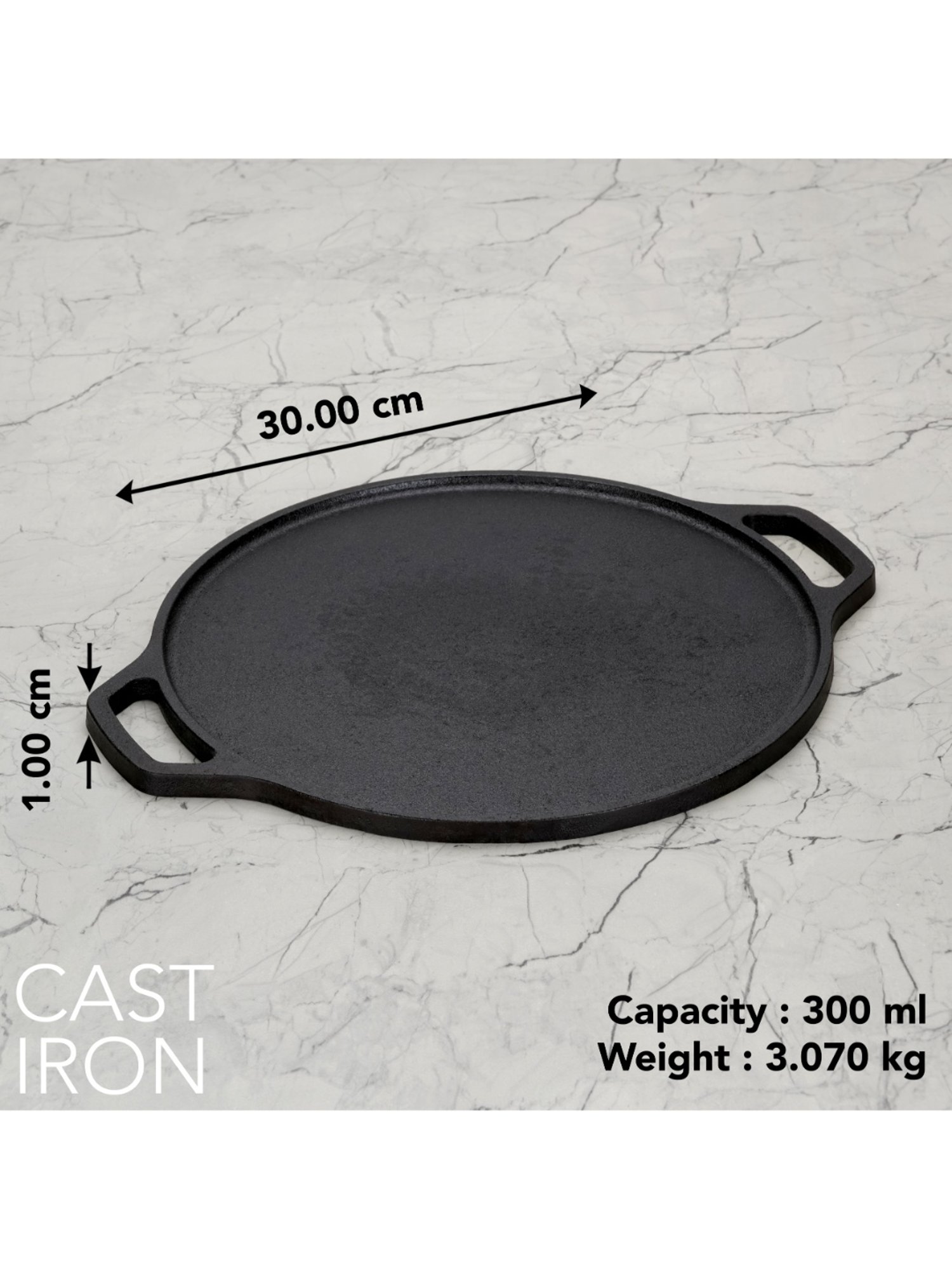 Sumeet Pre Seasoned Heavy Weight Cast Iron Flat Dosa Tawa,Induction Friendly, 30cm, Weight-3.070Kg