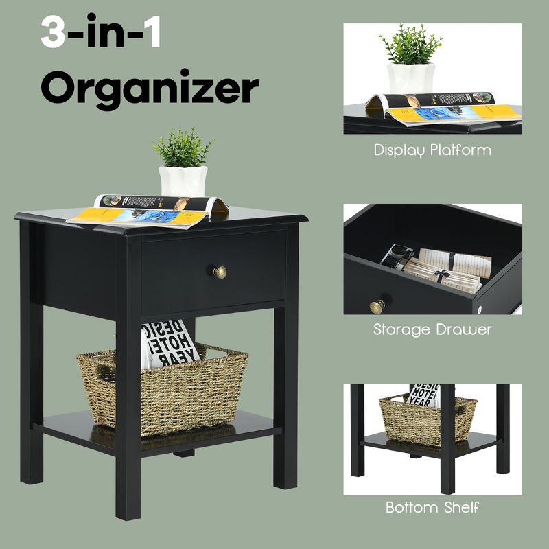 Costway 2PCS Nightstand  Drawer Shelf Storage Display Black